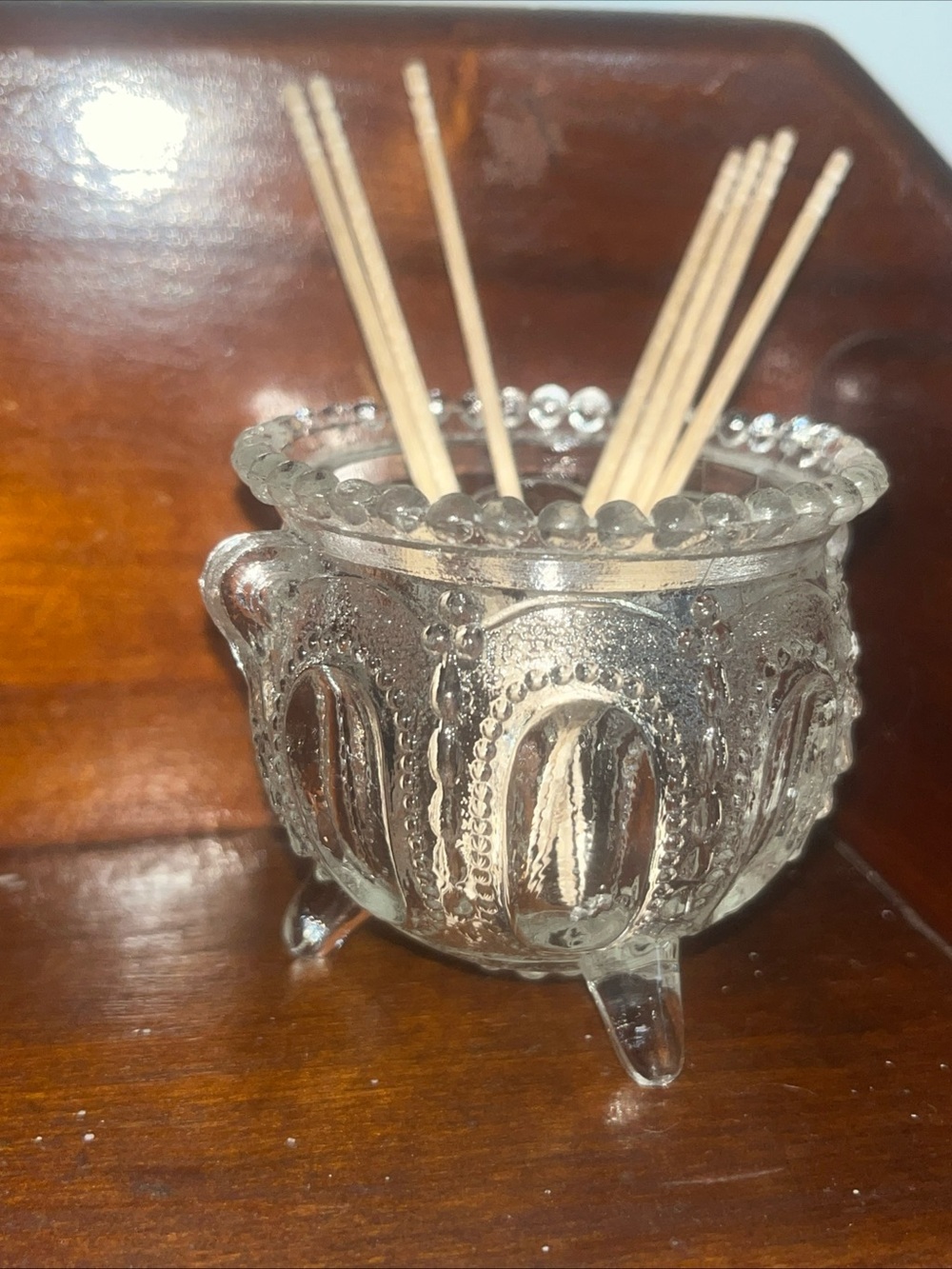Vintage Crystal Glass Gypsy Footed Pot Toothpick Jewelry Holder Decor